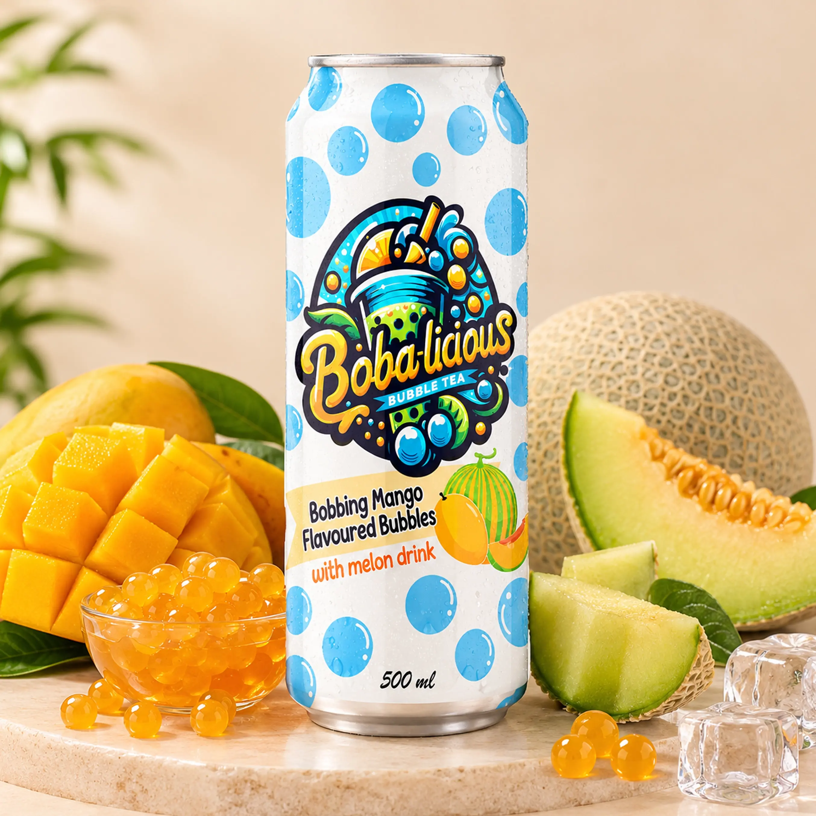 BUBBLE TEA Boba-licious Mango 500 ml can with mango flavoured bubbles, melon drink, fresh mango, melon and popping boba.